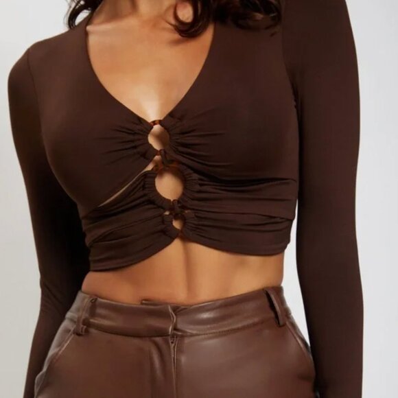 Meshki - Long Sleeve Chocolate Brown Ring Cut Out Crop Top - Small - Picture 1 of 7